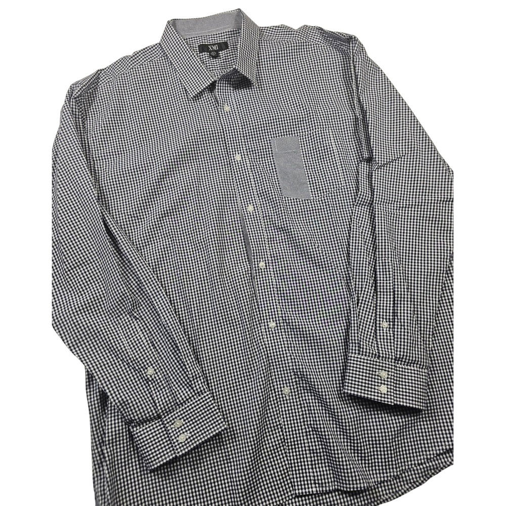 XMI Mens XL Navy Blue Gingham Check Cotton Button Down Shirt Long Sleeve